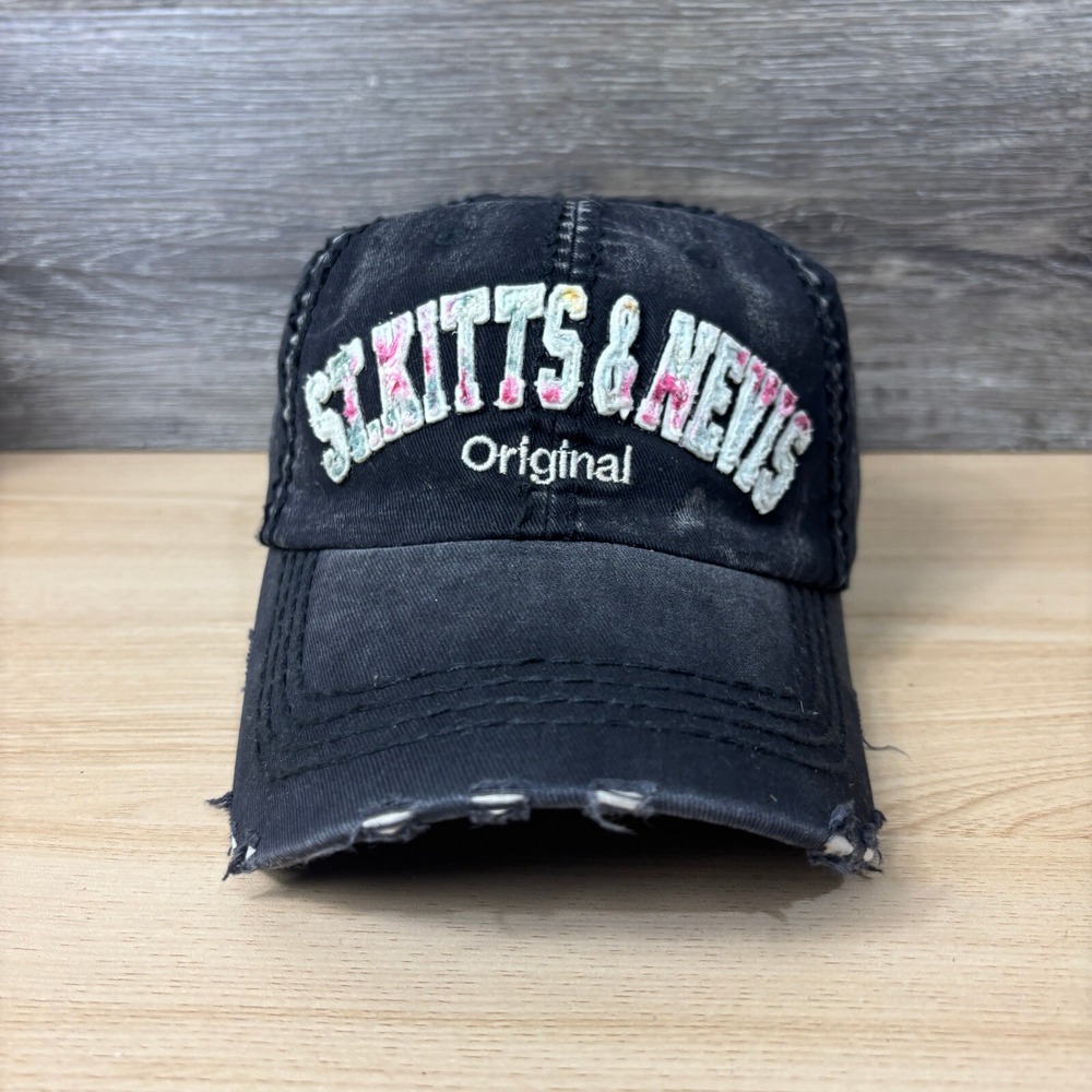 Saint Kitts and Nevis Hat Cap Strap Back Womens Black Distressed Robin Ruth